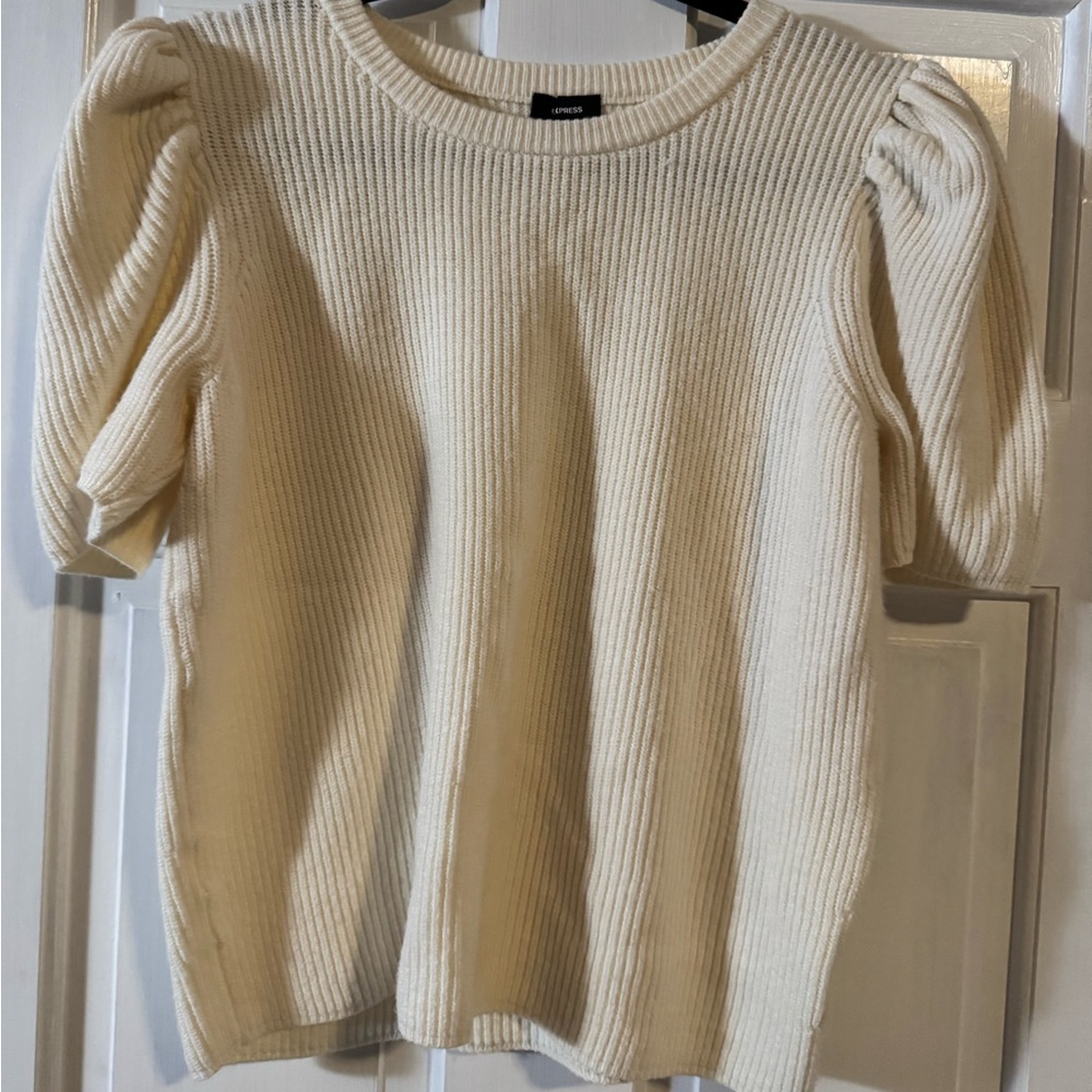 Express Ivory Ribbed Puff Sleeve Sweater
